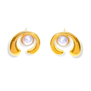 Elegant gold titanium steel C-shape earrings with inlaid white pearls in a minimalist design