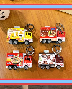Creative food pullback car keychain set, mini toy truck pendant, cute stress relief gift.