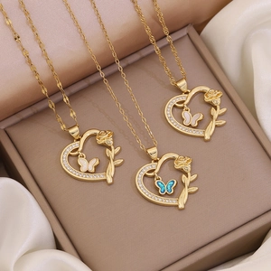 18K gold plated heart pendant necklace with butterfly design and opal stones