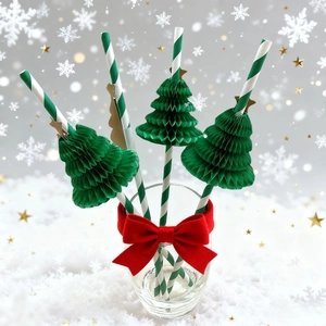Christmas Tree Paper Straws Green White Striped Honeycomb Tree Gold Star Disposable Party Drinkware Eco Friendly