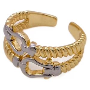 Gold plated horseshoe buckle ring with double rope design and cubic zirconia accents