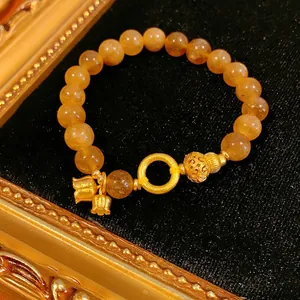 Bracciale Con Perline Di Cristallo Giallo Citrino Artificiale Rame Zircone Gourd Lotus Charms Stile Cinese Retrò Per Donna