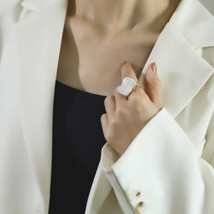French chic enamel irregular round open ring in gold and white finish for women