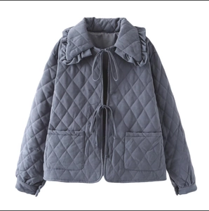 Women's loose quilted cotton jacket with diamond patterns and front tie-up closure