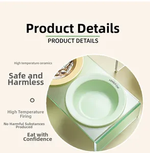 Detail of eco-friendly ceramic pet bowls with a transparent acrylic stand for cats