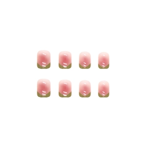 Pink and olive green V-shape French style press-on nails with a glossy finish