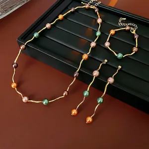 Wave Colorful Faux Artificial Pearl Necklace Bracelet Earrings Golden Alloy Adjustable Fashionable Elegant Accessories For Women