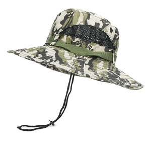 Outdoor camouflage fishing hat with wide brim and adjustable chin strap for sun protection