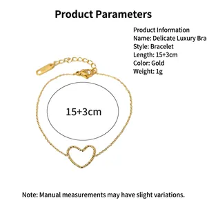 Detail of delicate 18K gold plated heart bracelet with 15+3cm adjustable length
