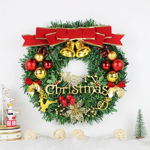 Christmas Wreath Faux Pine Needle With LED Lights Reindeer Red Bows Balls Gold Bells Decoration For Door Wall Window