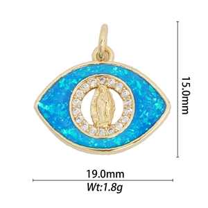 Detailed view of 18k gold plated evil eye pendant with Virgin Mary and zircon inlay