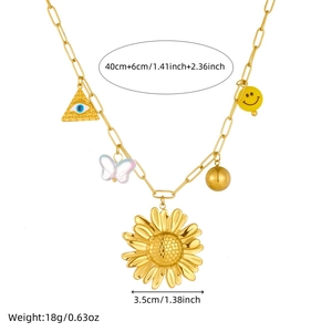 Collier tournesol en acier plaqué or 18k avec pendentifs multiples et mesures de taille