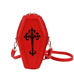 Gothic red coffin shaped crossbody bag featuring a black cross and gold zippers