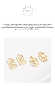 Macro detail of 14K gold filled irregular rectangular pendants with butterfly and rose reliefs