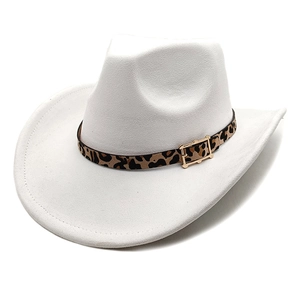 White felt western cowboy hat featuring leopard print band with gold buckle detail