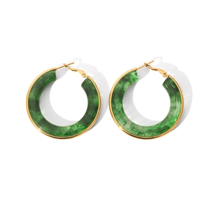 Large green marble texture resin hoop earrings with elegant gold-tone metal hardware
