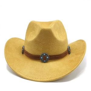 Detail of western fedora hat featuring brown leather band and turquoise metal studs