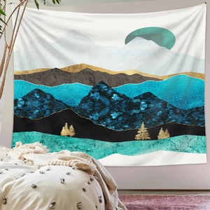 Abstract mountain landscape wall tapestry in navy blue and gold for home bedroom decor
