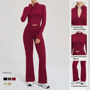 Completo yoga 3 pezzi bordeaux da donna con giacca zip e leggings a zampa