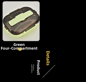 Detail view of the green 4-compartment lunch box with SUS304 stainless steel interior