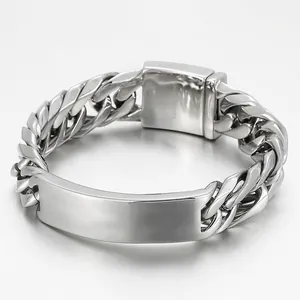 Men Cuban Link ID Bracelet 316L Stainless Steel Polished Rectangular Curved Plate Hip Hop Fashion Jewelry