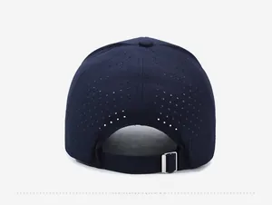 Rear view of navy blue outdoor mesh cap showing laser-cut holes and adjustable metal buckle