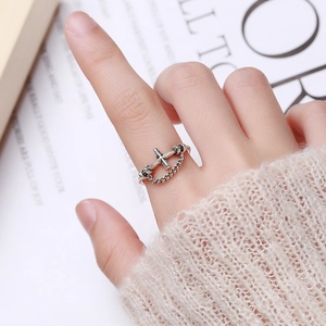 S925 sterling silver vintage cross ring with chain link and open band for women