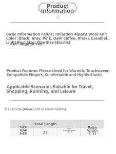 Guida alle taglie per guanti in maglia di alpaca touch con misure e dettagli materiali