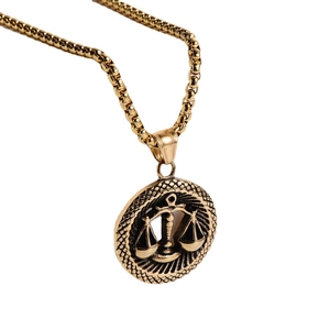 Vintage 18K gold plated stainless steel Libra zodiac coin pendant necklace with square chain