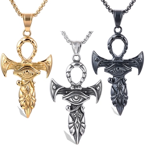 Egyptian Ankh Cross Eye Of Horus Pendant Necklace Stainless Steel Vintage Hip Hop Protection Jewelry For Men Women