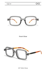 Front and side views of square translucent sunglasses with retro tortoiseshell temples