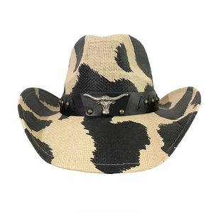 Cow print western straw cowboy hat with metallic bull detail and black leather band