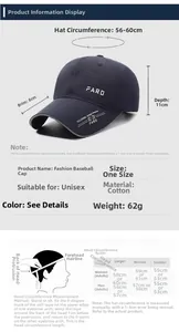Size chart for breathable baseball cap showing 56-60cm circumference and cotton details