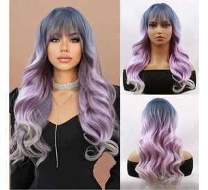 Detail view of long wavy purple gradient wig with bangs and synthetic hair texture