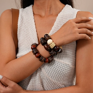 Three-piece retro wood and coconut shell beaded bracelet set with geometric wooden beads