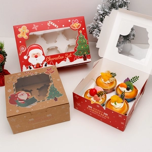 Christmas Cupcake Boxes Paper Bakery Gift Packaging Box With Window And Inserts For Holiday Party Santa Reindeer