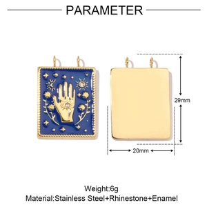 Detailed view of blue enamel pendant with gold sun moon icons and technical dimensions