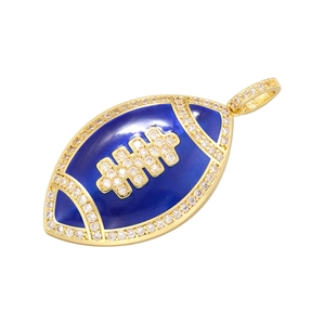 Close-up of golden american football pendant with blue enamel and cubic zirconia stones