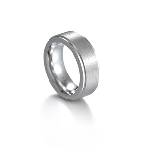 Brushed silver tungsten carbide ring for men with polished edges on white background