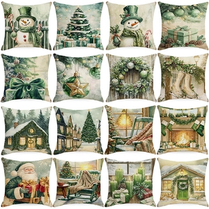 Christmas Throw Pillow Cover Linen Watercolor Forest Green Snowman Illustration For Sofa Couch Holiday Home Decor