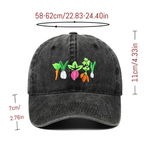 Detailed view of washed grey cotton baseball cap with vegetable embroidery and dimensions
