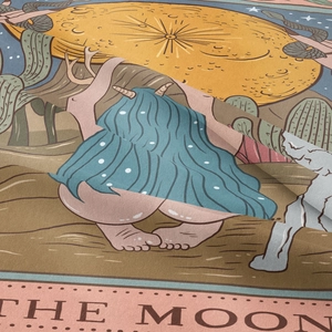 Detail of fabric texture showing The Moon illustration with blue-haired fantasy character
