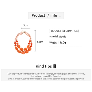 Size and weight specifications for the layered acrylic bead necklace in pink and orange