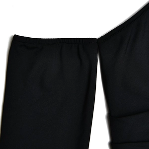 Detailed close-up showing stitching and elastic cuffs of this black off-shoulder dress
