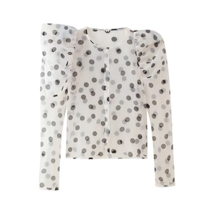Elegant white polka dot organza shirt with puffed long sleeves and button-up front design