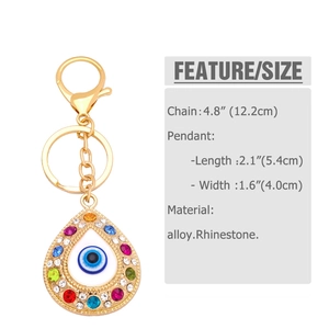 Detailed view of evil eye keychain with colorful rhinestones and dimensions shown