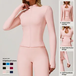 Pink slim fit yoga zip-up jacket with stand collar and thumb holes for women