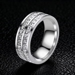 Silver stainless steel wide ring featuring double rows of square zircon stone inlay