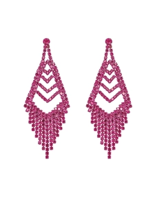 Detailed view of rose red rhinestone tassel earrings with a geometric diamond design