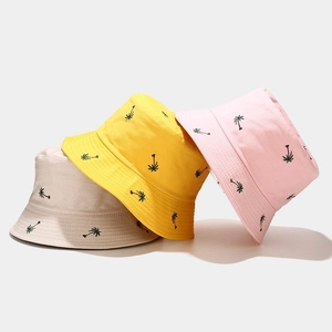 Bucket Hat Cotton Canvas Palm Tree Embroidery Sun Protection Summer Beach Vacation Outdoor Travel For Men Women